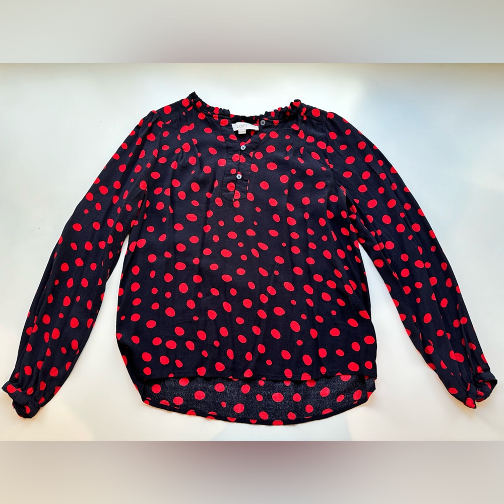LOFT navy and red spotted, half button blouse. Size S.